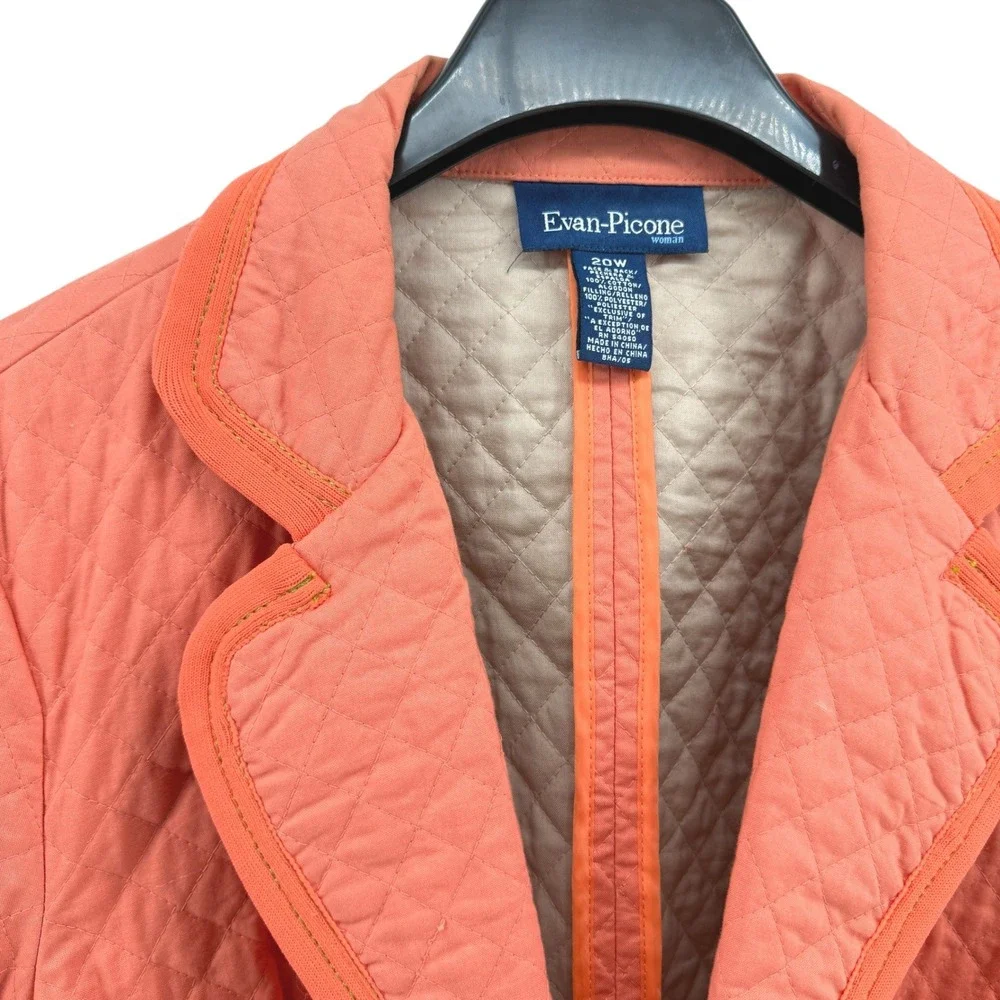 Evan Picone Womens 20W Pre-Owned Quilted Blazer Coral Orange Trim Open Barn Coat